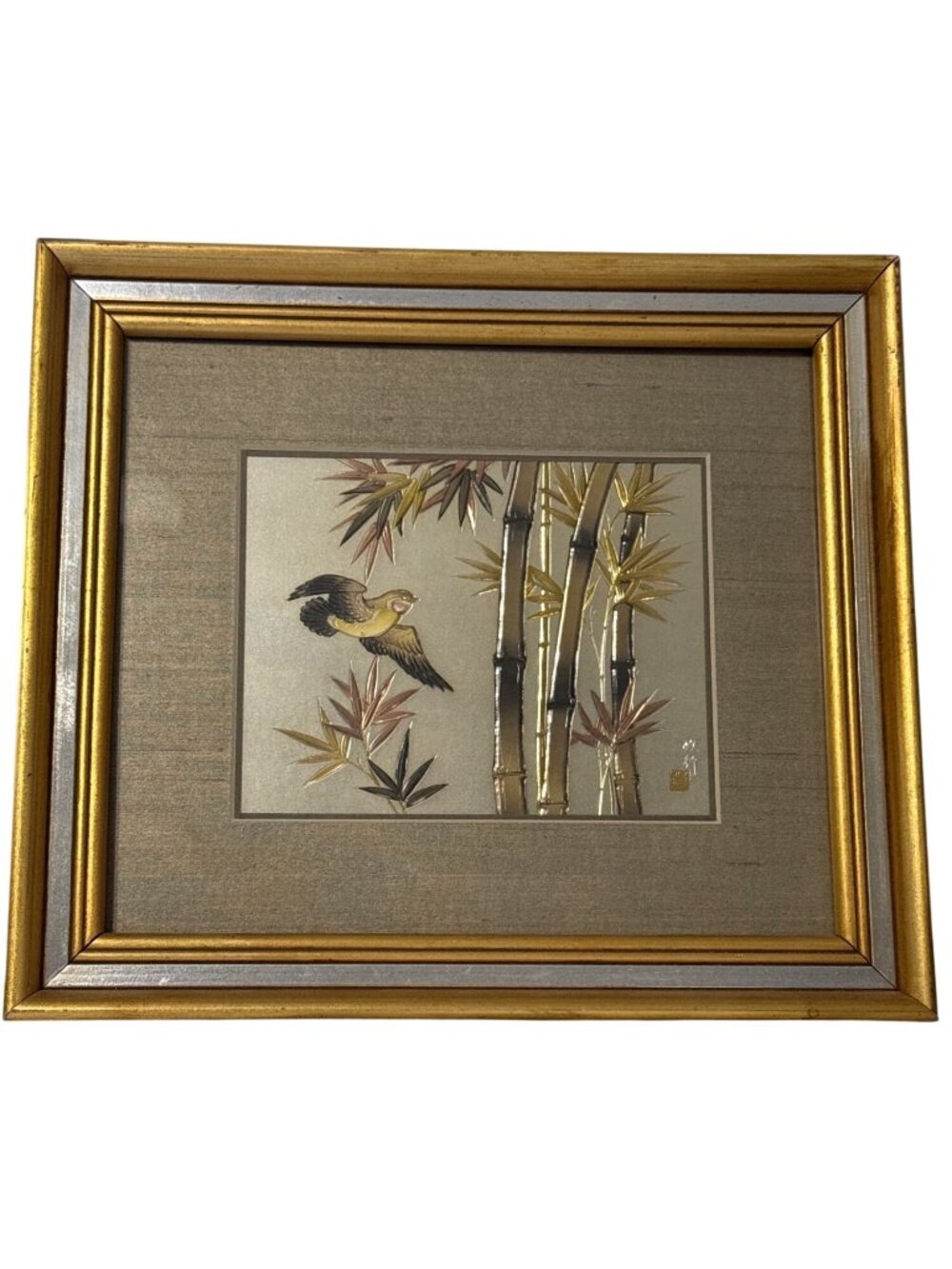 Chokin Art Bamboo & Bird Framed Wall Hanging 12"x12" Gold & Silver Engraving